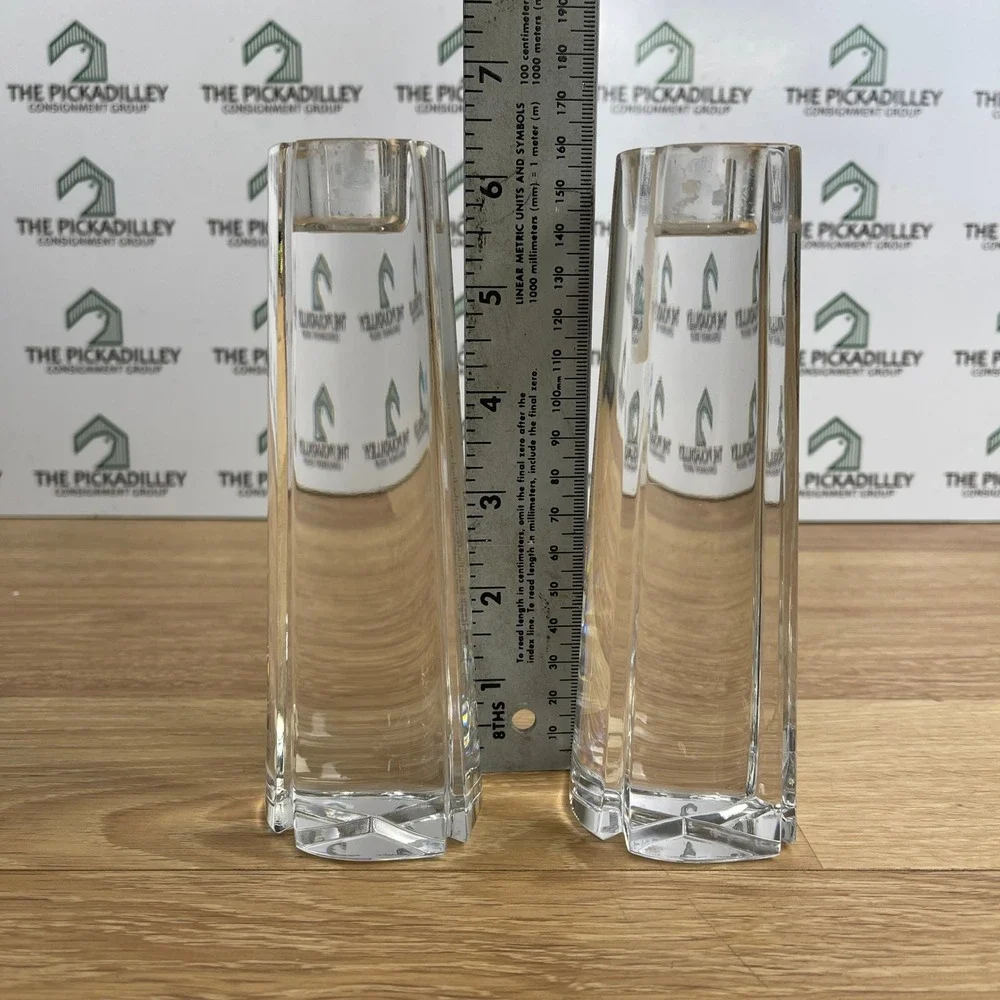 Orrefors Sweden Crystal Bud Vases Pair Hexagonal Tapered Clear Glass 7.5 Inch